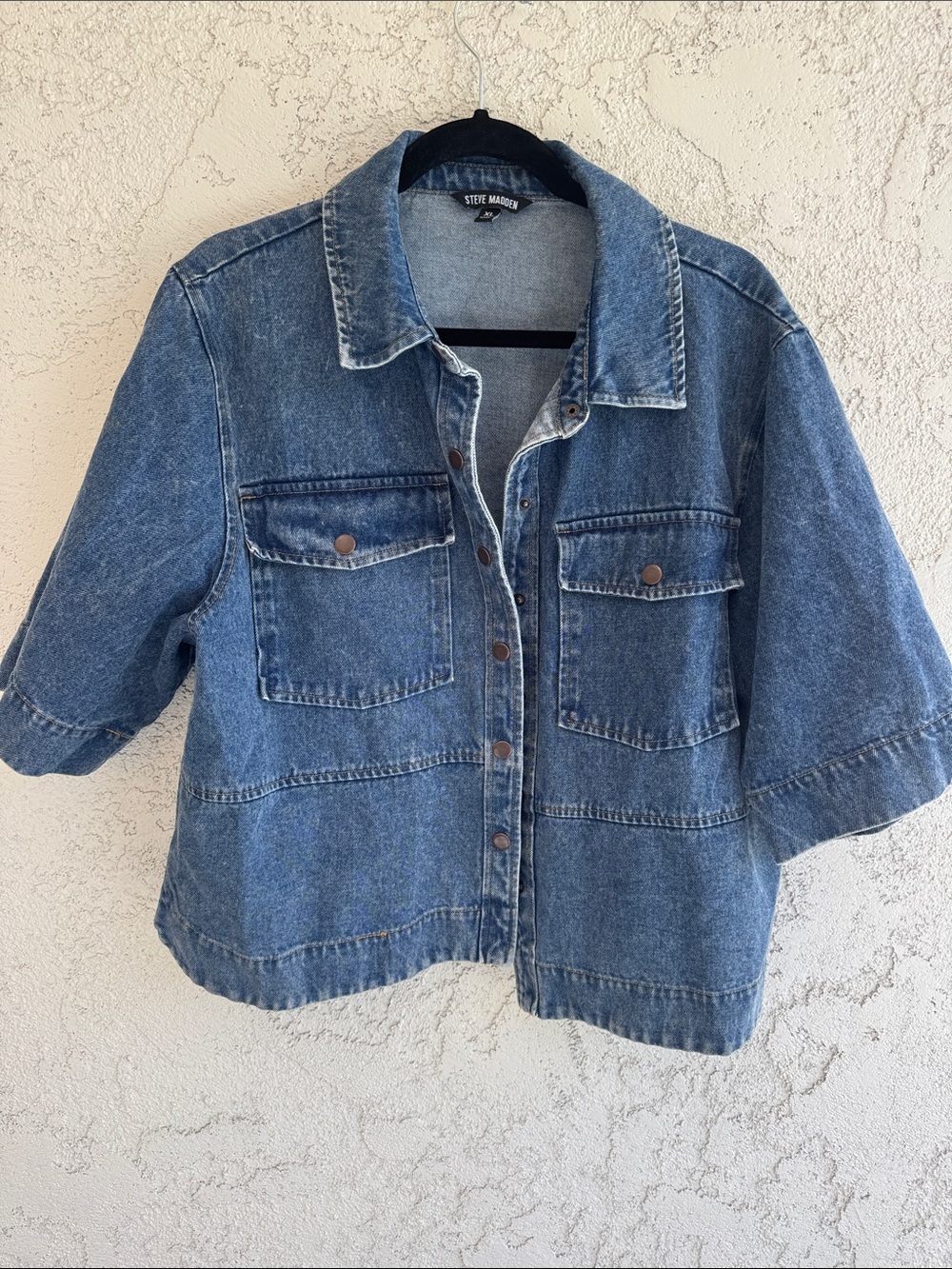 Steve Madden oversized cropped denim button down shirt chore jacket size XL